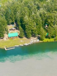 Aerial view of Lake Creek Lodge where Lake Creek meets the Yentna River in Alaska