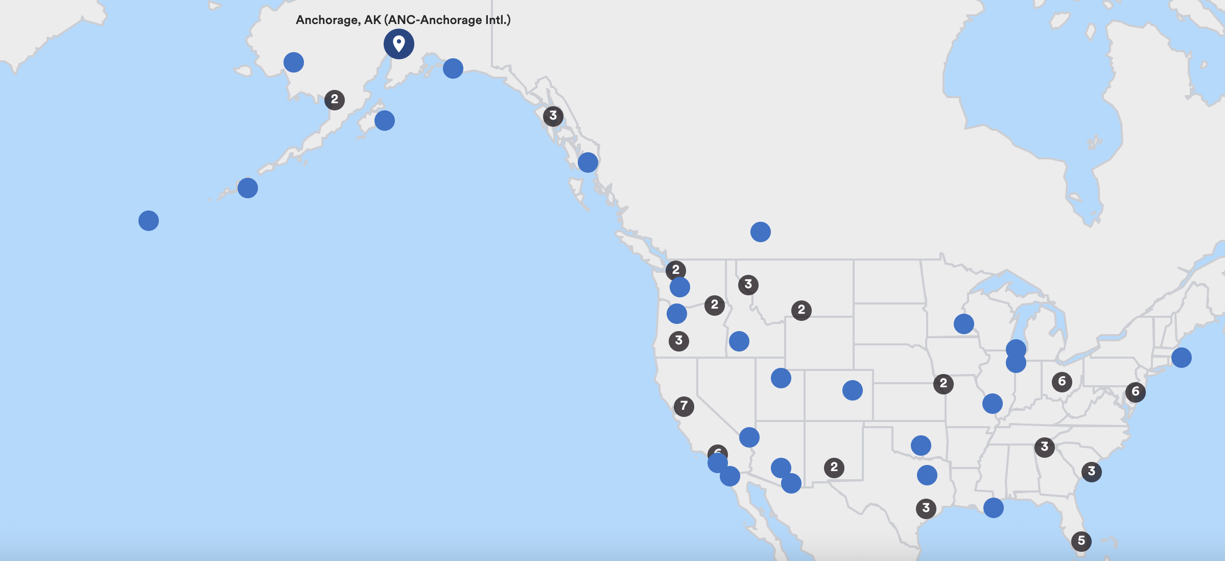 Map showing direct Alaska Airlines flights to Anchorage, Alaska